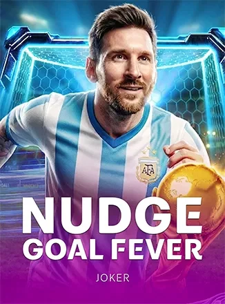 หน้าปกเกมสล็อตนักฟุตบอลเสื้อลายฟ้าขาว Nudge Goal Fever