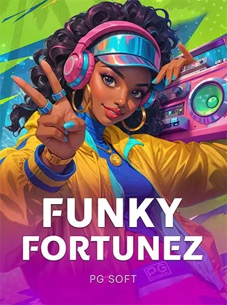 หน้าปกเกมสล็อตหญิงสาวสวมหูฟังธีมดิสโก้ Funky Fortunez ประกอบคู่มือ tos168